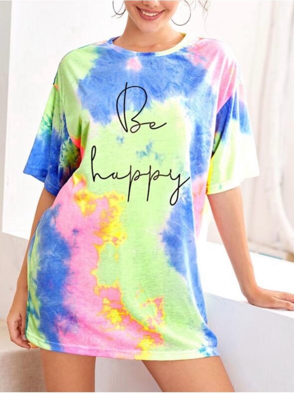 Multicolor Tie-Dye 'Be happy' Short Sleeve Tee